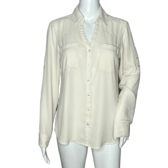 Express Portofino Shirt Womens Small Beige Chiffon‎ Long Sleeve Pockets Career - Picture 1 of 7